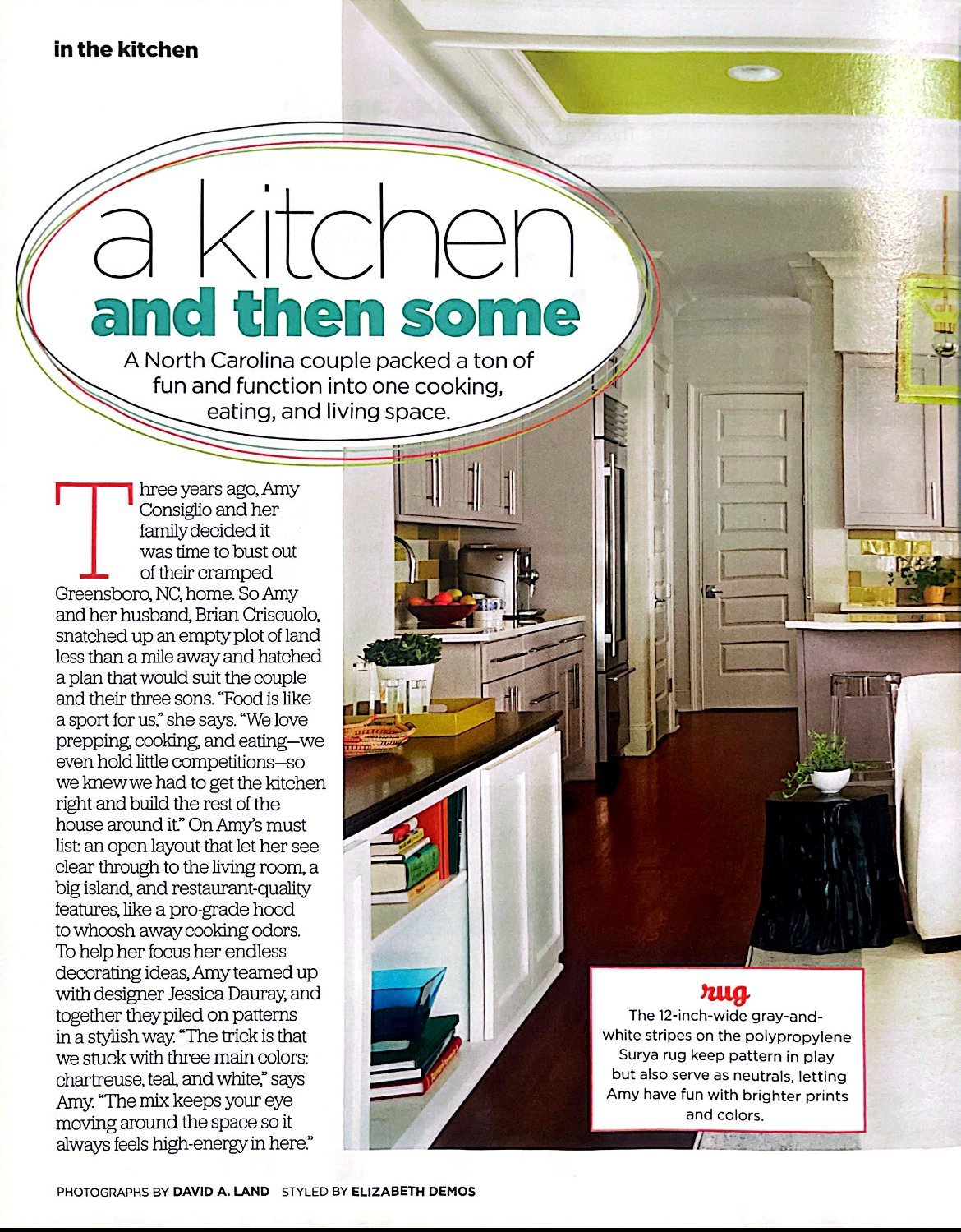 HGTV Magazine opening spread, a kitchen and then some, showing an open kitchen with pale gray cabinetry beneath a chartreuse ceiling inset