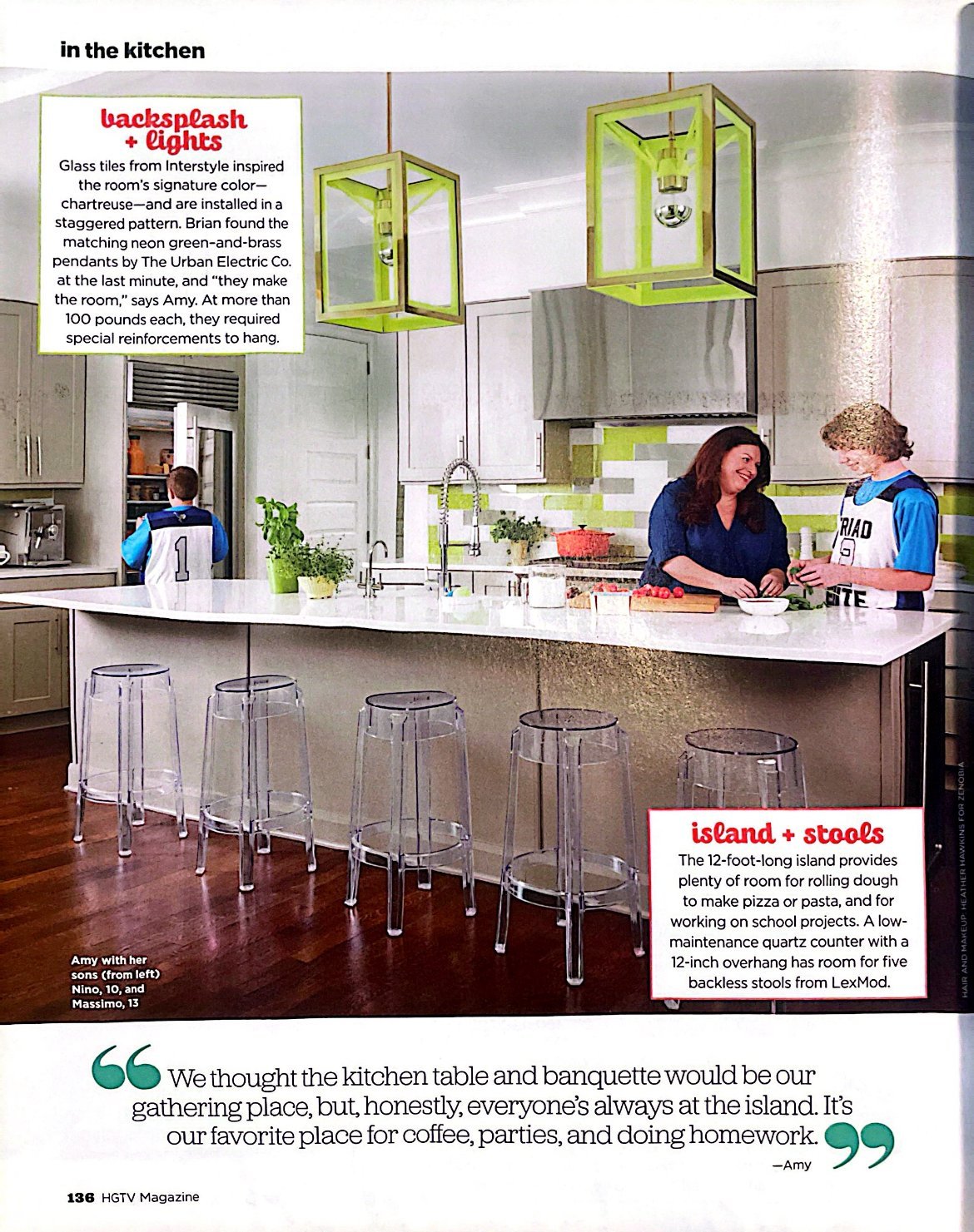 HGTV Magazine page featuring a long quartz island with clear stools, chartreuse glass-tile backsplash and neon green and brass pendants